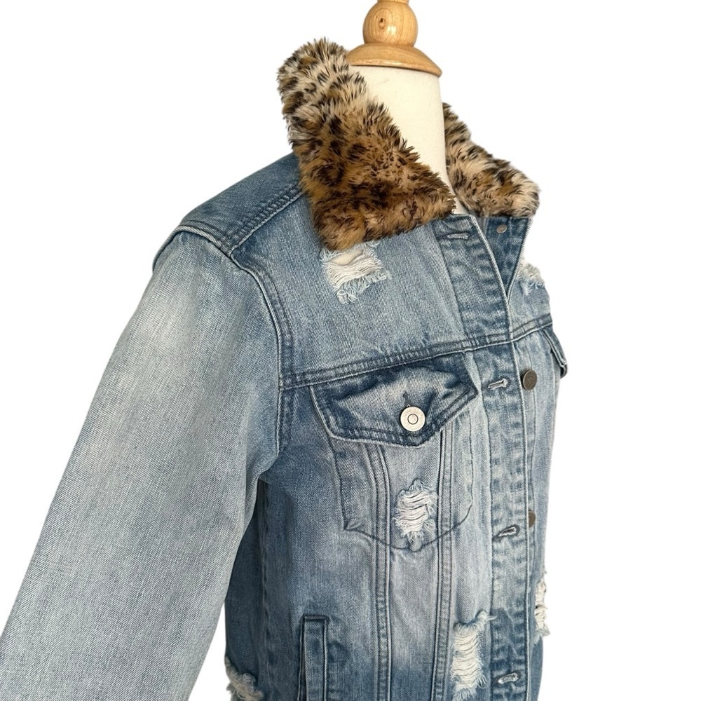 Guns N’ Roses Distressed Denim Trucker Band Jacket Leopard Faux Fur Collar M - Picture 4 of 15
